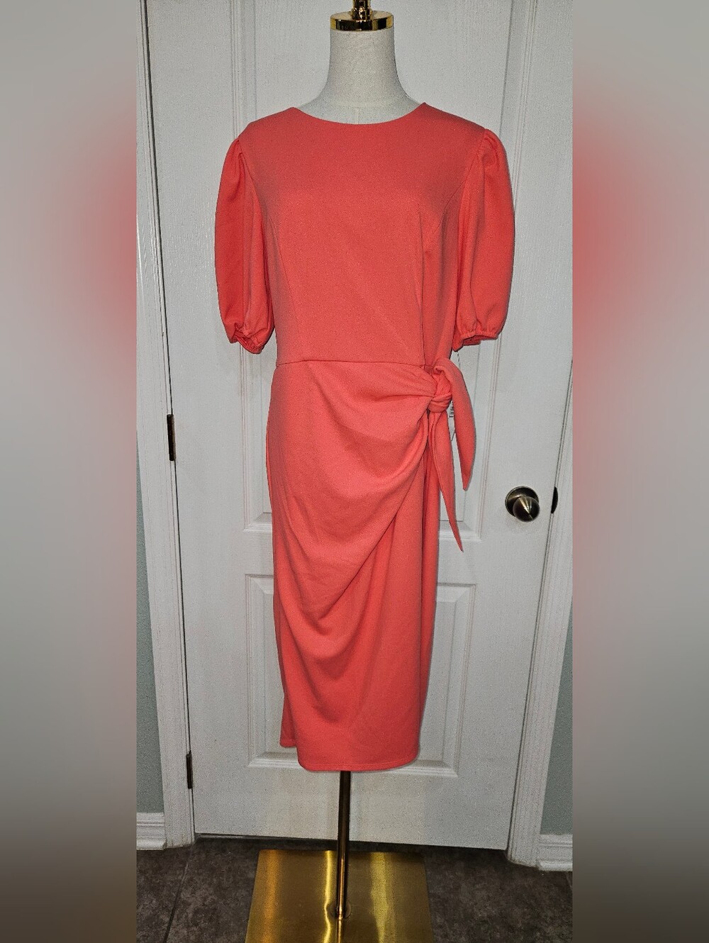 Elegant Coral Tie-Waist Midi Dress